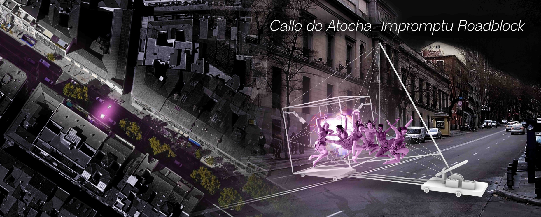Calle de Atocha, Impromptu Roadblock: a glowing tensegrity cube mounted on a wheeled cart blocks the street, with magenta-lit dancers performing inside the frame and the city seen from above