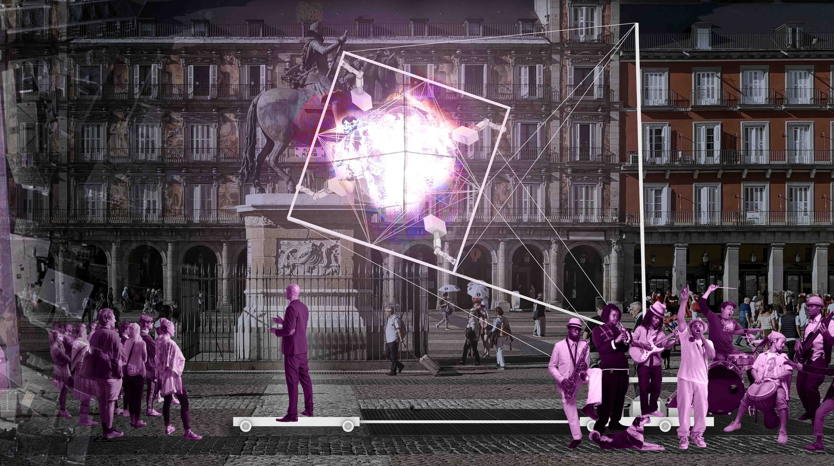 Plaza Mayor at night: the tensegrity cube with a radiant orb at its centre hovers beside the equestrian statue of Philip III, with a magenta-washed crowd gathering in the foreground