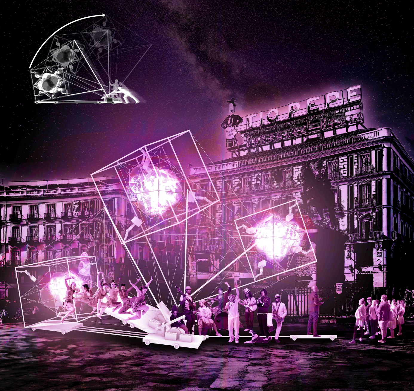 Puerta del Sol at night: multiple tilted and stacked tensegrity cubes lit in magenta, with performers suspended inside the frames and a crowd watching beneath the Tio Pepe sign