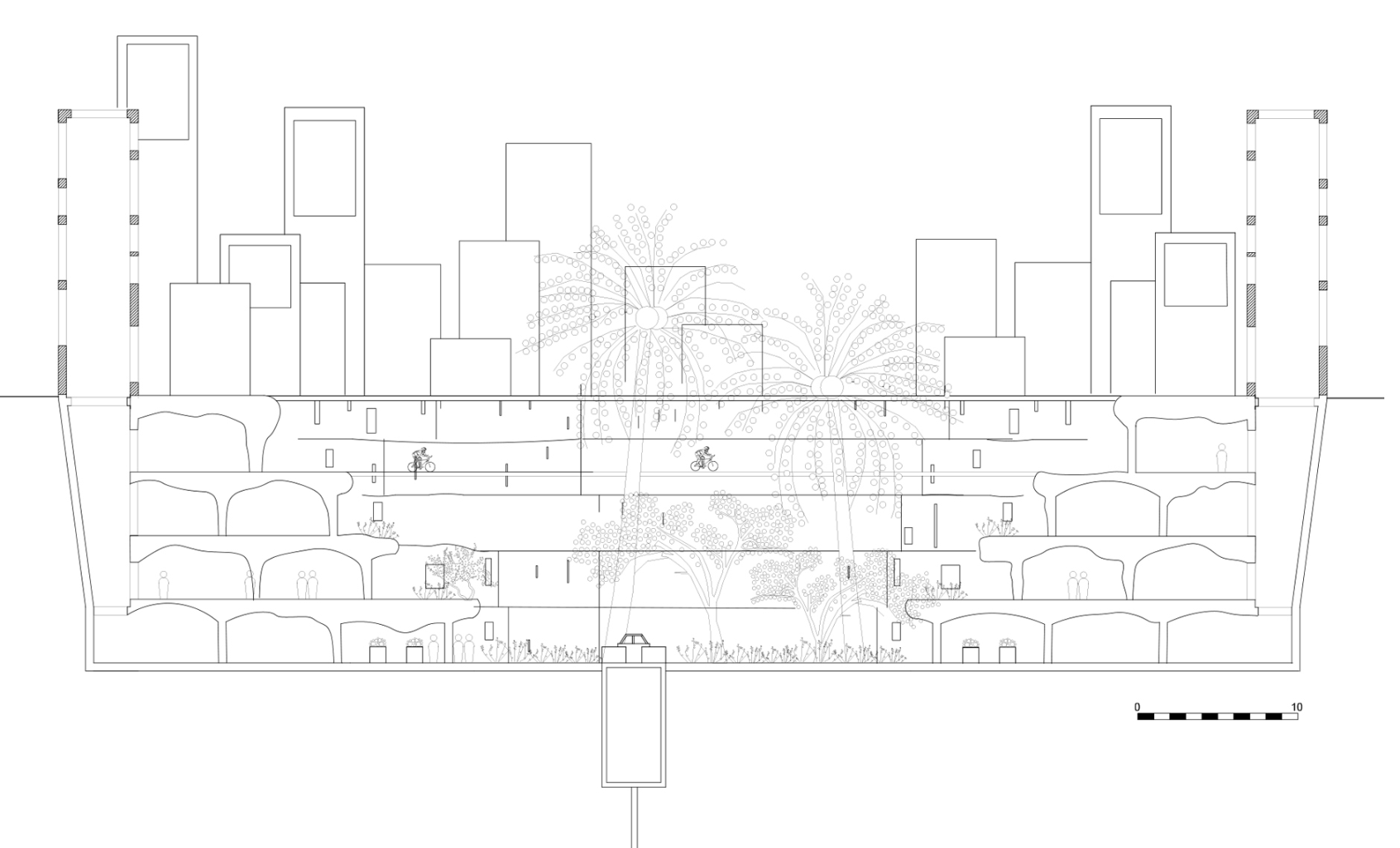 A detailed sectional plan highlighting the underground city’s intricate systems for transport, utilities, and housing.