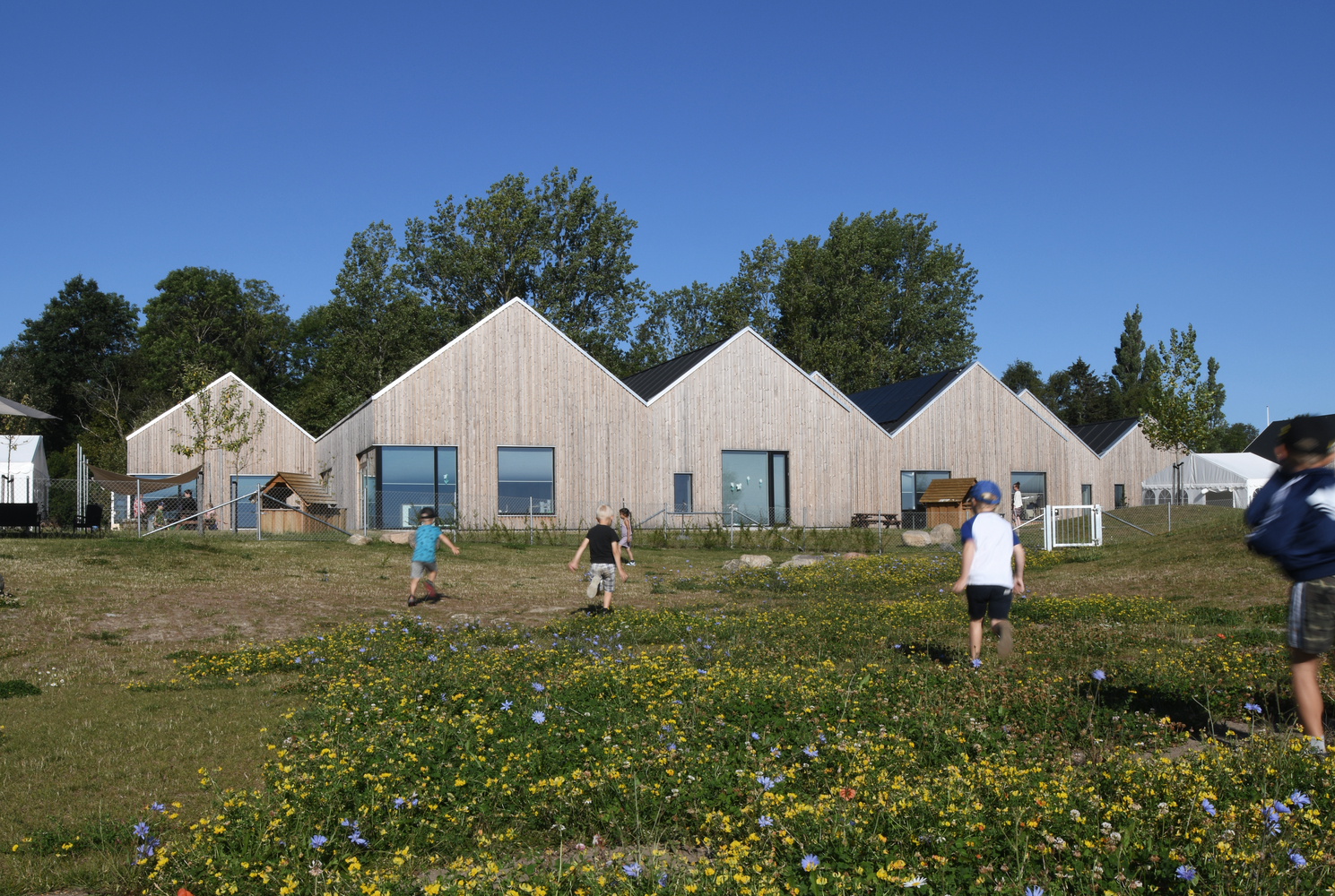 Vertical timber facade with large windows facing a wildflower meadow as children run through the grass