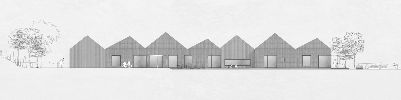 Elevation drawing of seven linked gabled volumes with vertical cladding flanked by trees in line