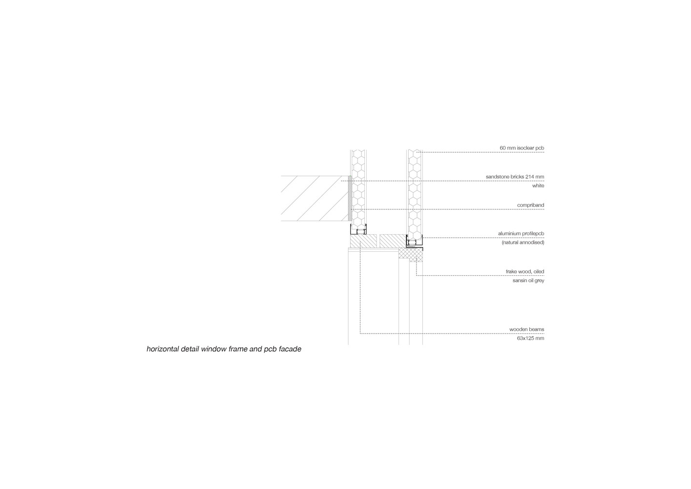Detail drawing of the window frame assembly showing timber beams and aluminum profiles with insulation