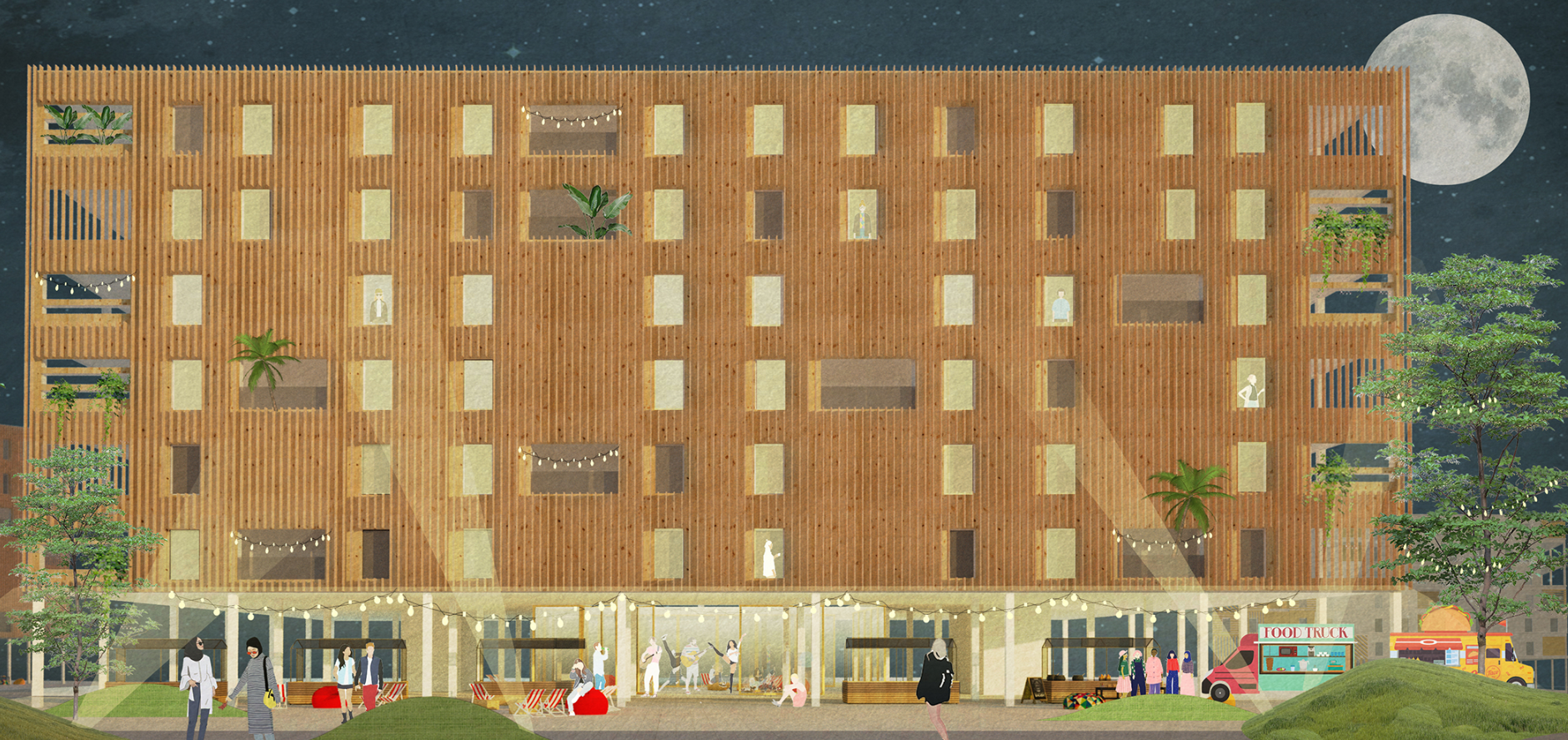 A striking view of the 3-Living building illuminated under the night sky, showcasing its modular wooden design.