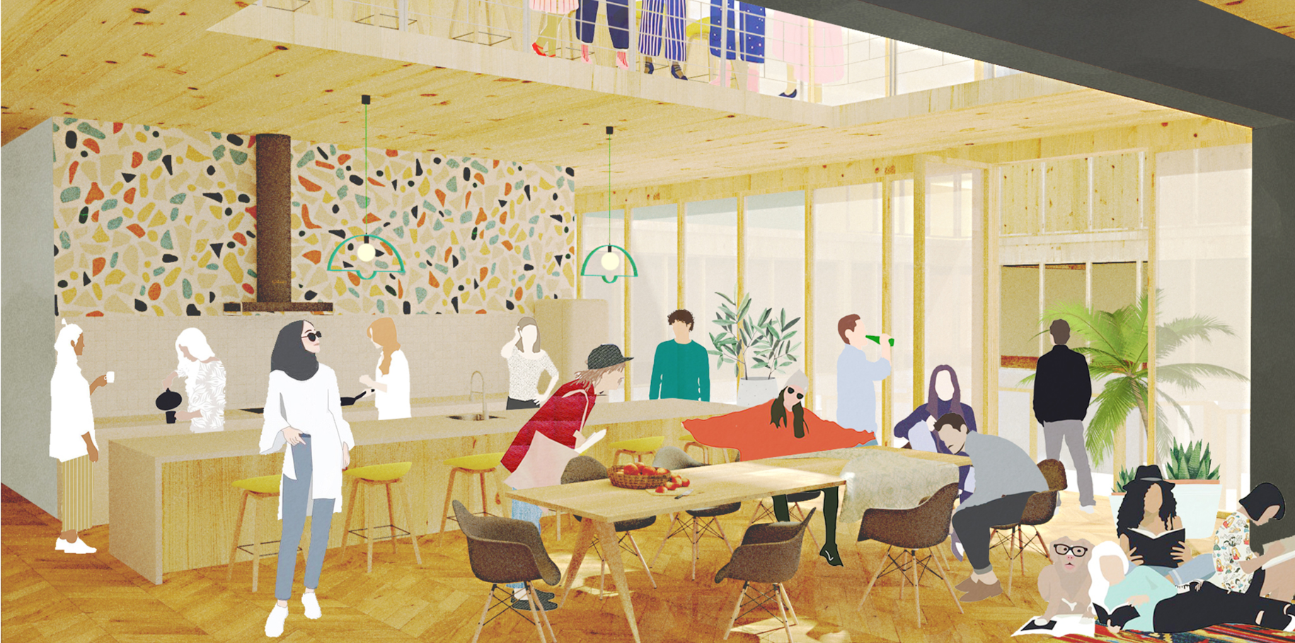 A vibrant shared space fostering interaction among residents, complete with a cozy and modern aesthetic.