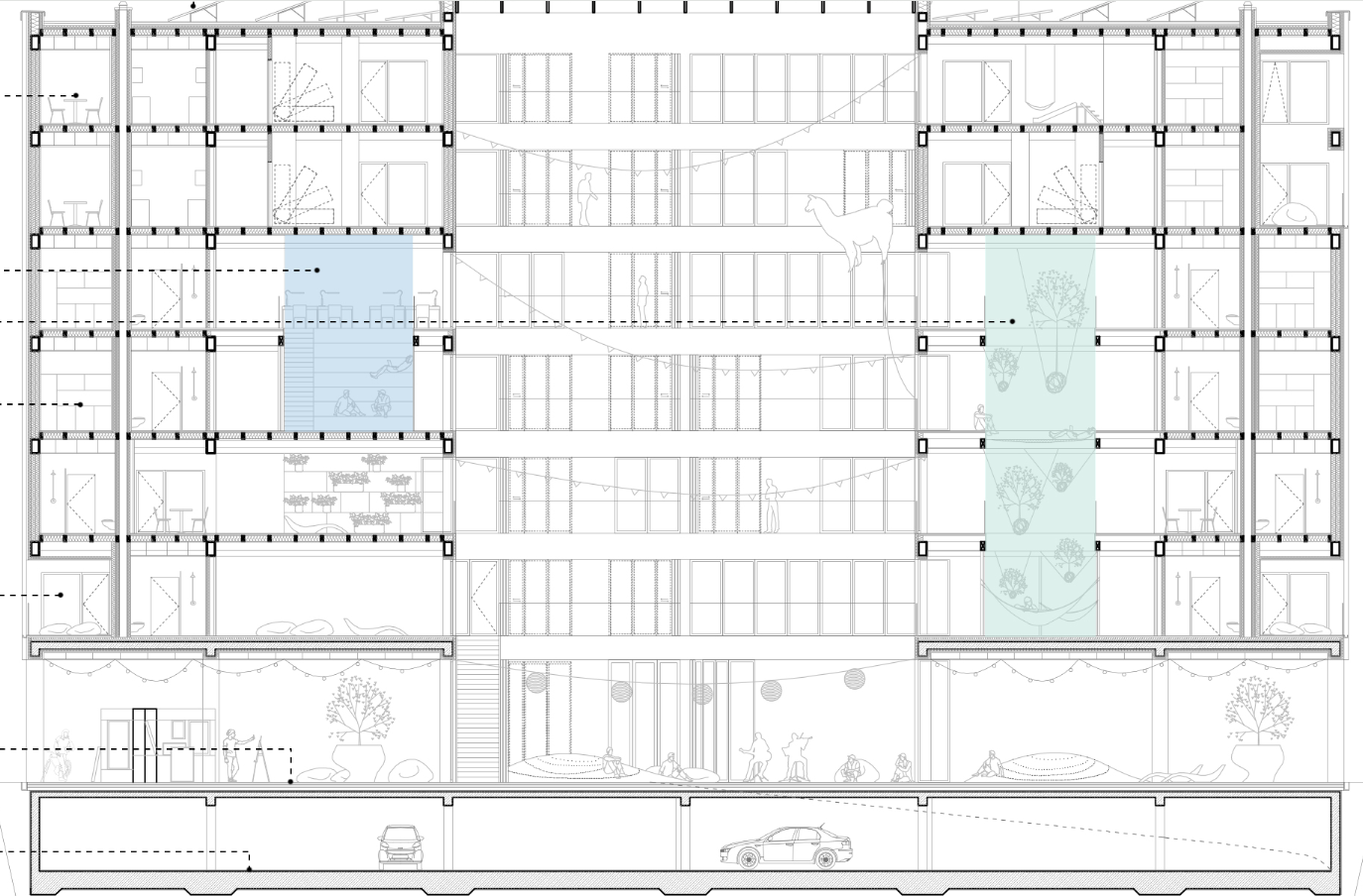 Detailed architectural plans illustrating the vertical integration of shared and private spaces.