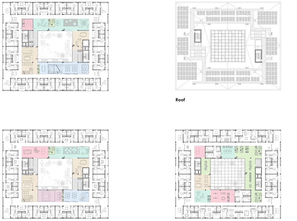 Solar panels and rooftop areas highlighting ecological and communal features.
