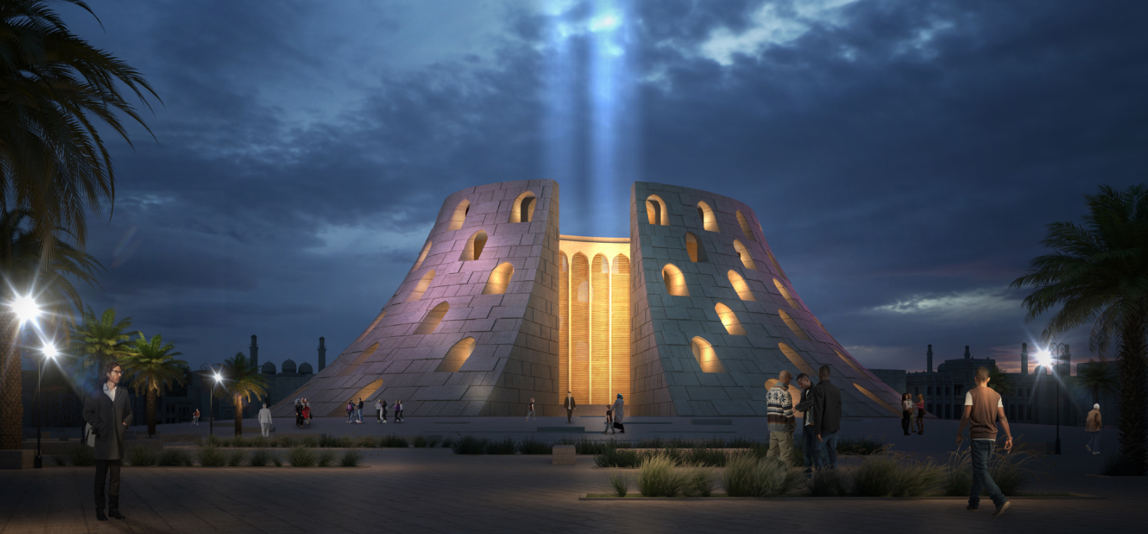 The Memory of Homes memorial illuminated under a serene night sky.
