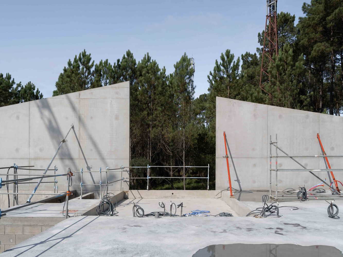 Construction site view showing concrete walls and scaffolding with pine trees in the background