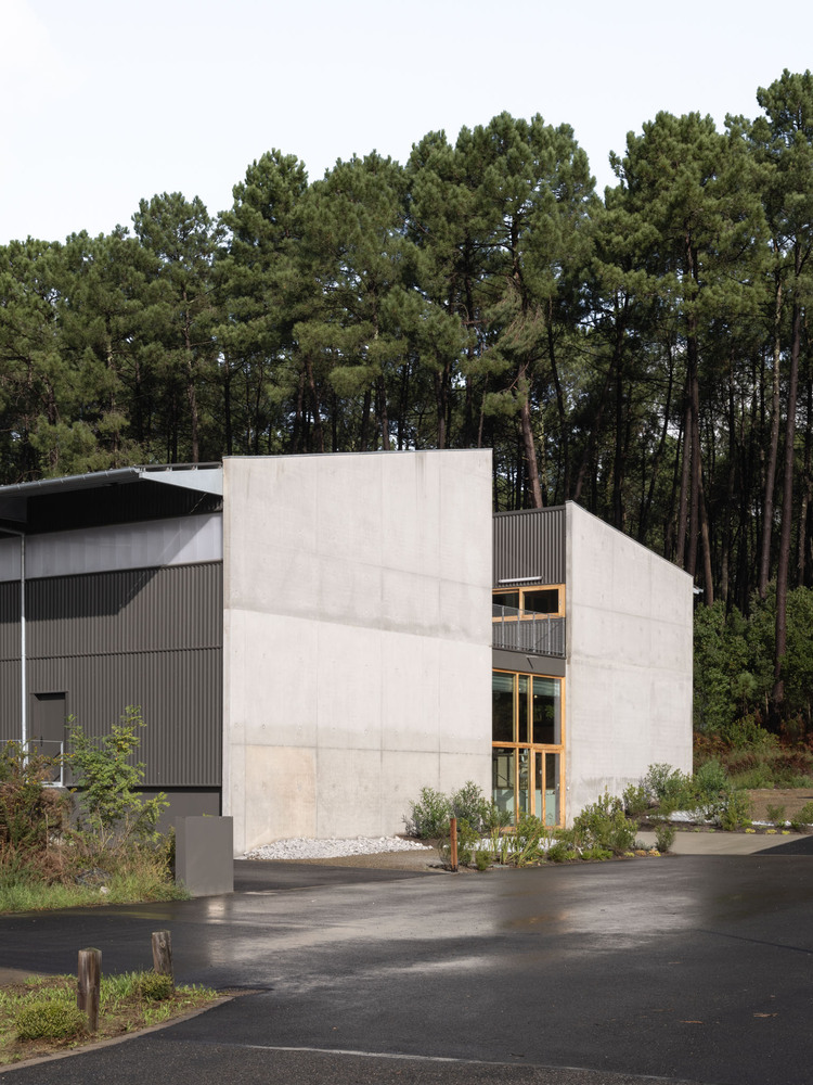 Concrete volume with glazed openings next to a corrugated metal building backed by dense pine forest