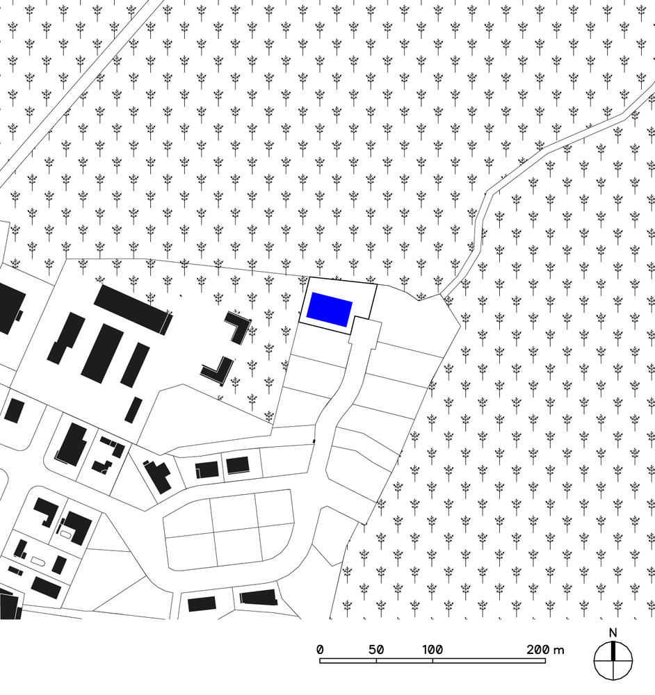 Site plan showing a building highlighted in blue surrounded by tree symbols and road curves