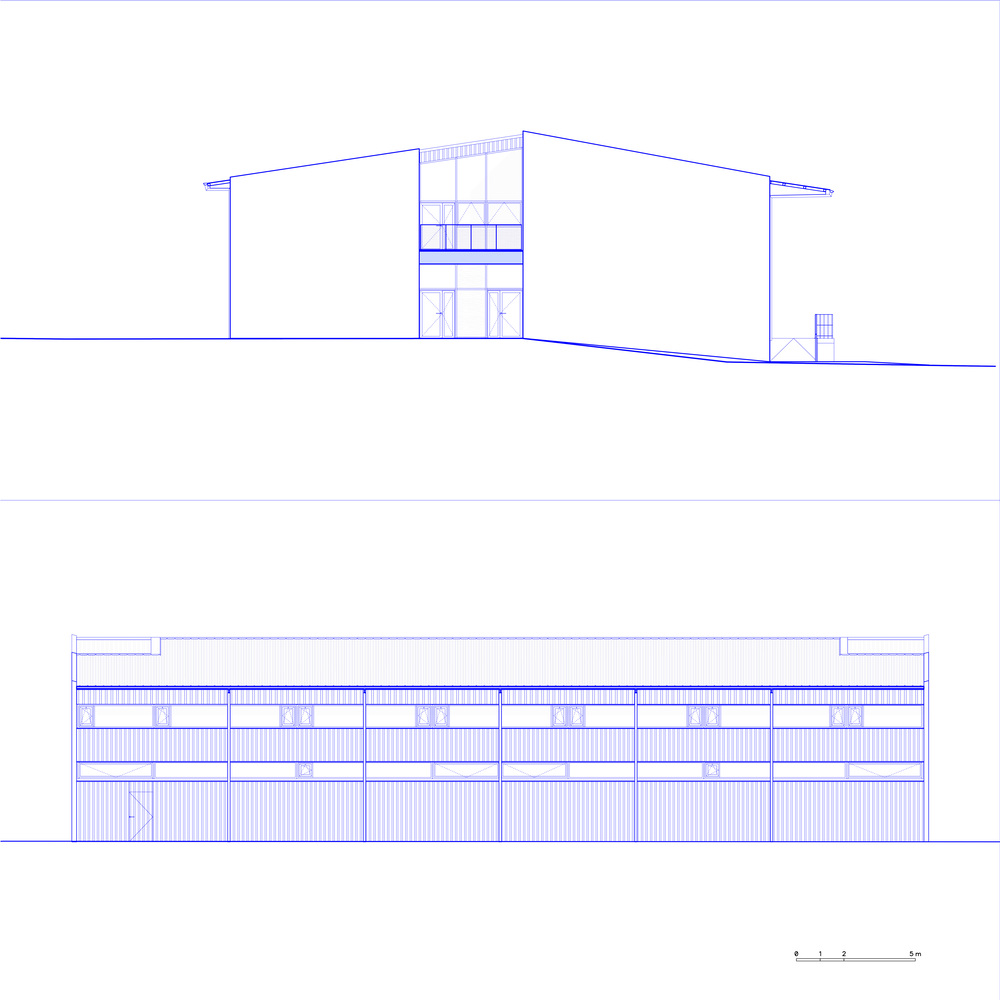 Elevation drawings showing the glazed entry pavilion and the horizontal facade with vertical louvers