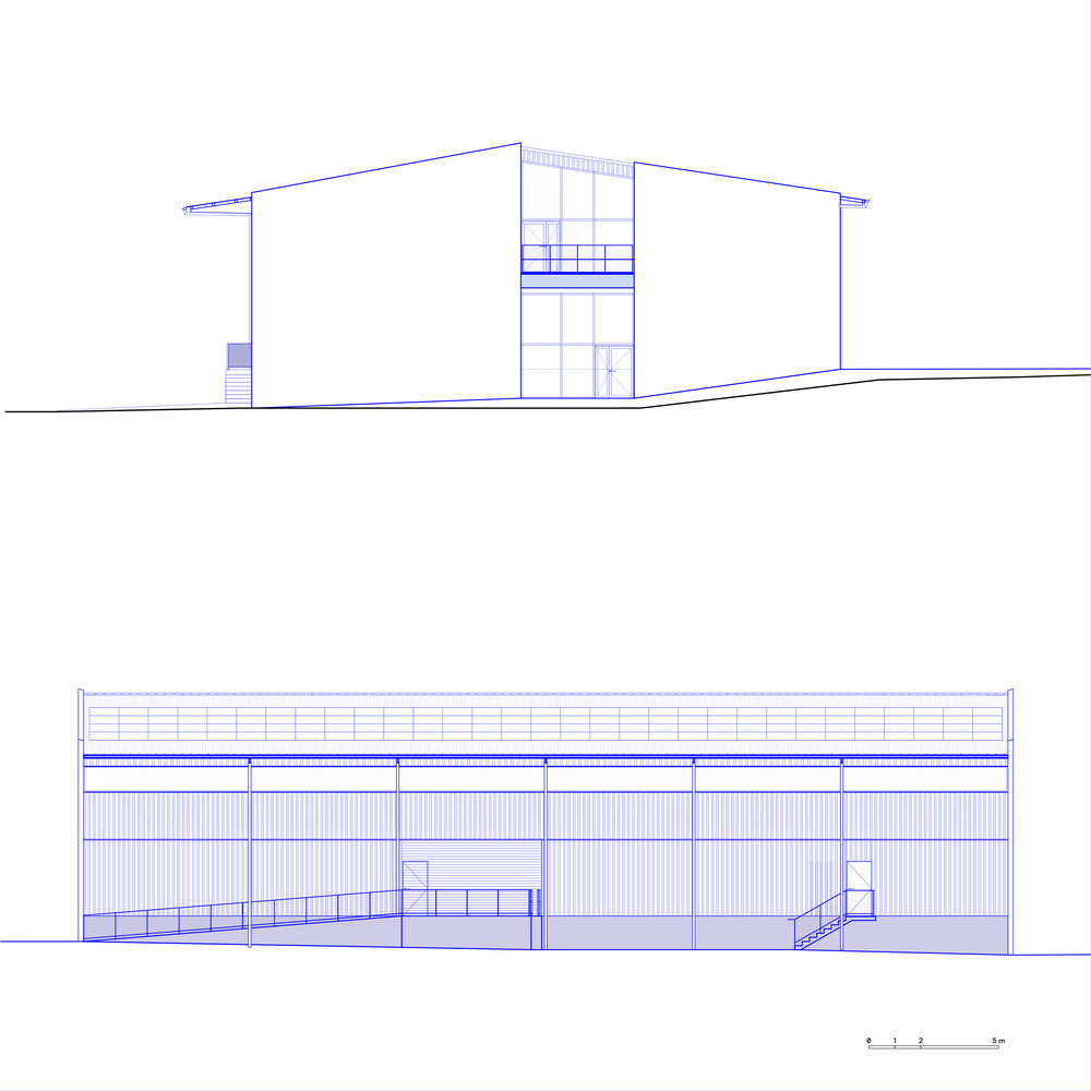 Elevation drawings showing the pitched roof entry and the long facade with staircases at each end