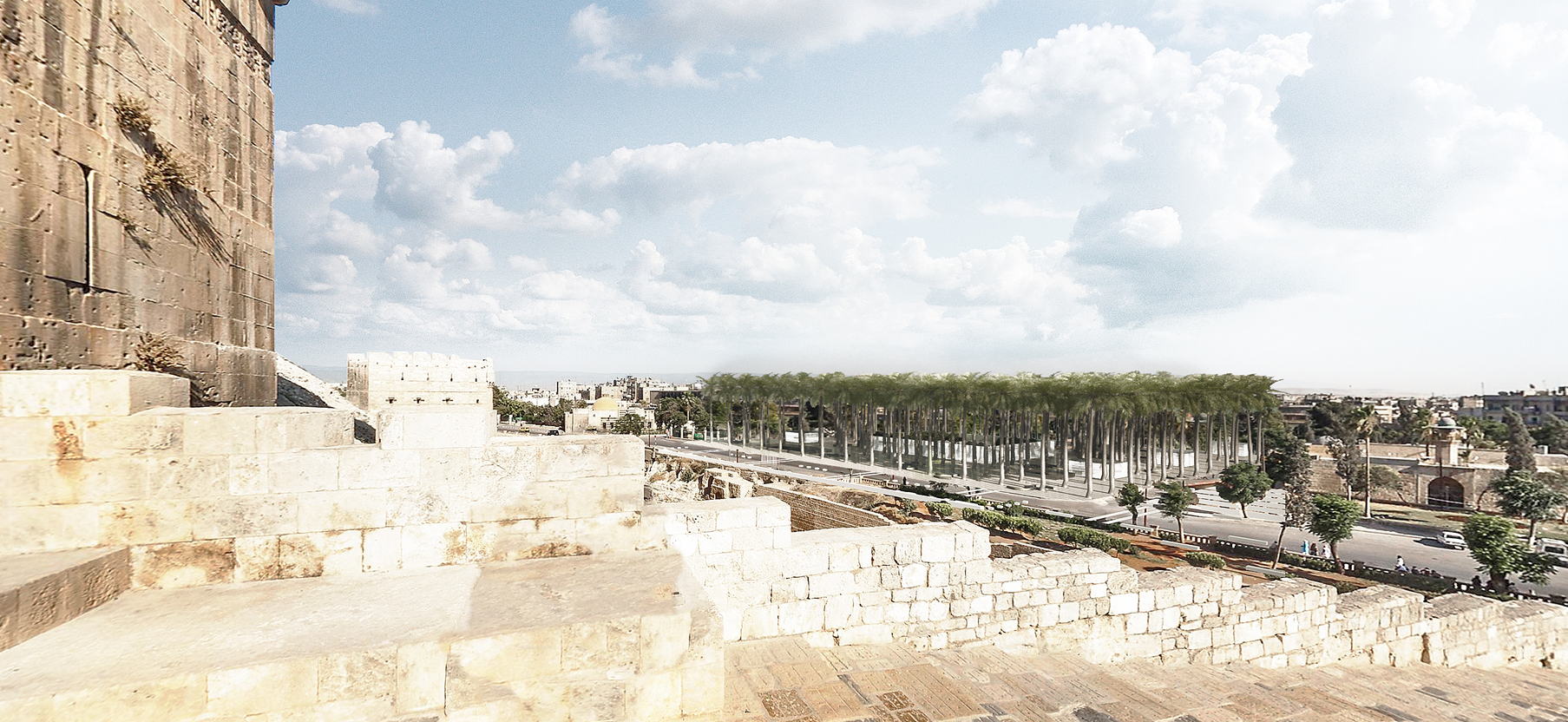 The view from Aleppo’s historic Citadel overlooking the Phoenix Garden, showcasing the harmony between heritage and modern design.