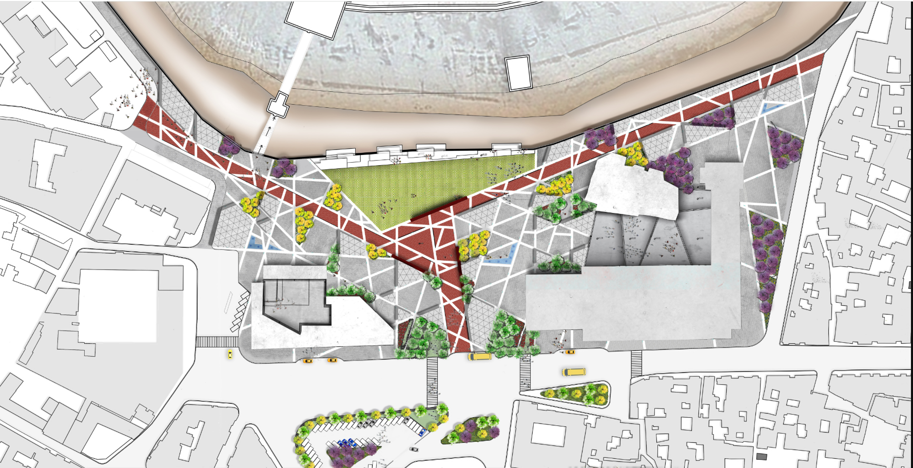 A reimagined urban layout blending greenery, pathways, and cultural landmarks to reconnect Aleppo’s community.