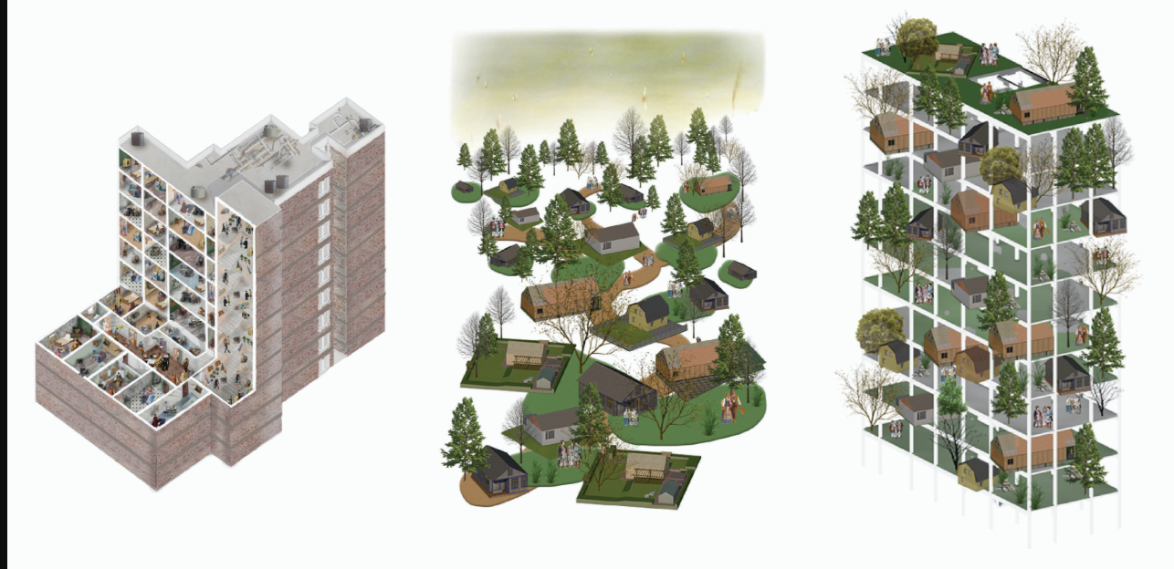 Three housing typologies: a conventional apartment tower (kommunalka), a suburban dacha village with gardens, and a vertical dacha tower combining both with integrated trees