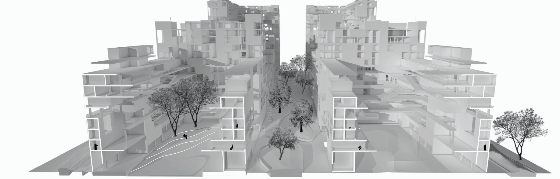 Perspective view of the internal pedestrian street between two terraced residential blocks with trees, benches, and residents walking through the white massing model