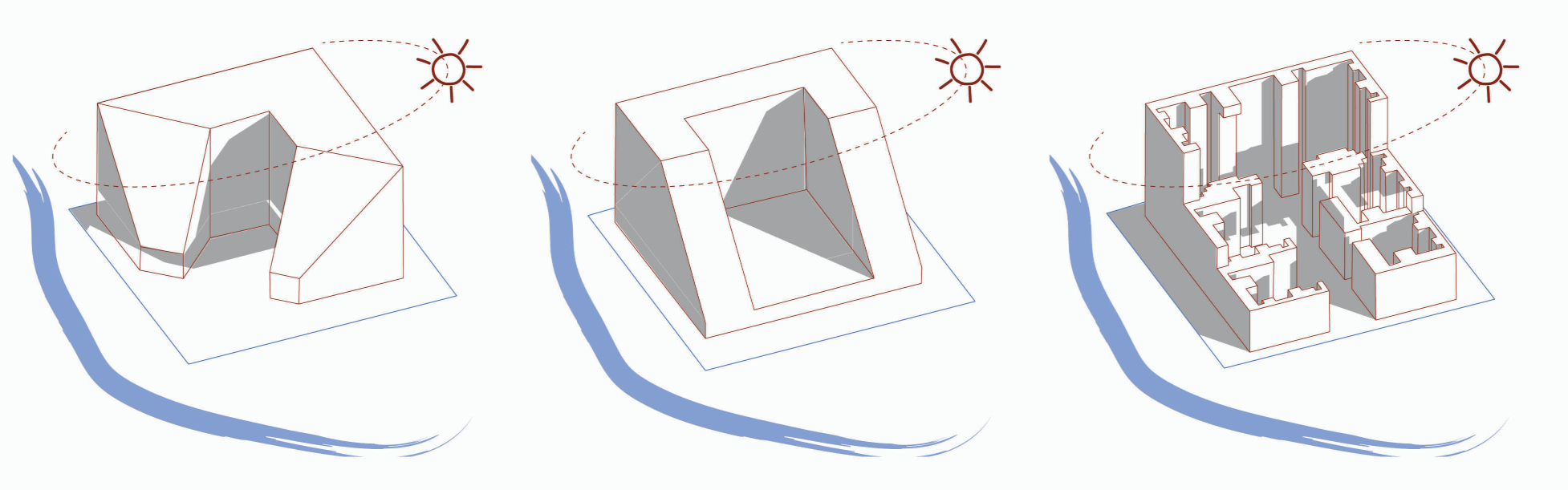 Three solar massing studies showing how the building form responds to the sun path and river orientation to maximise daylight and minimise overshadowing