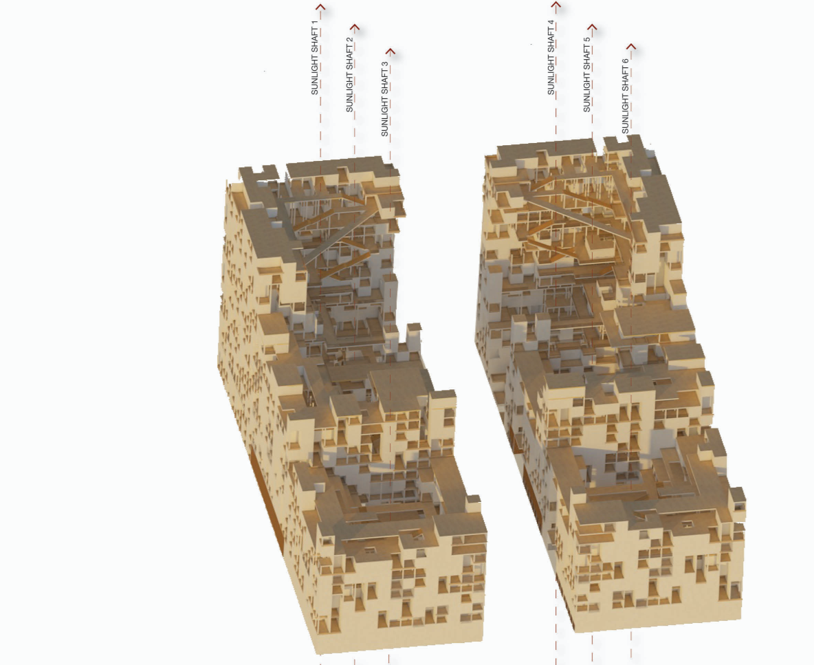 Two pixelated tower axonometrics in warm brown tones showing stacked modular units with setbacks, terraces, and labelled programme zones