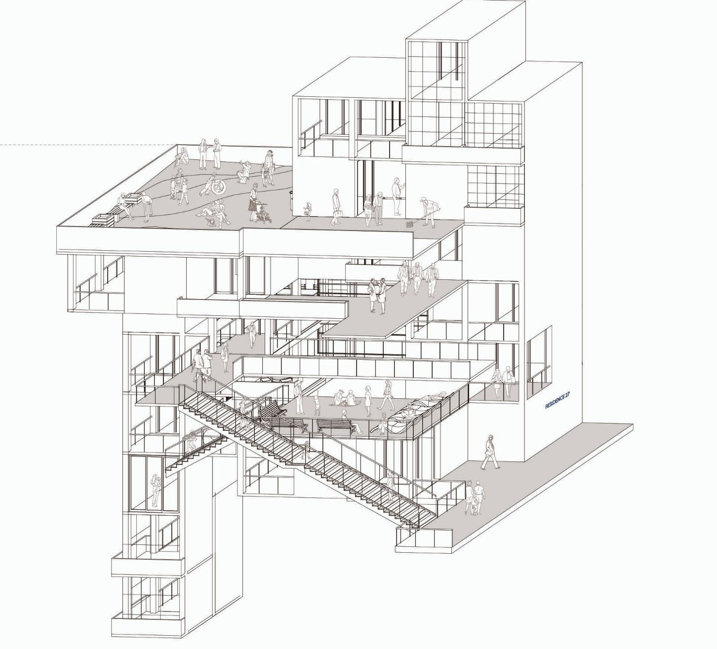Cutaway axonometric showing the multi-level co-living building with open communal floors, interconnecting stairs, a rooftop terrace, and residents throughout
