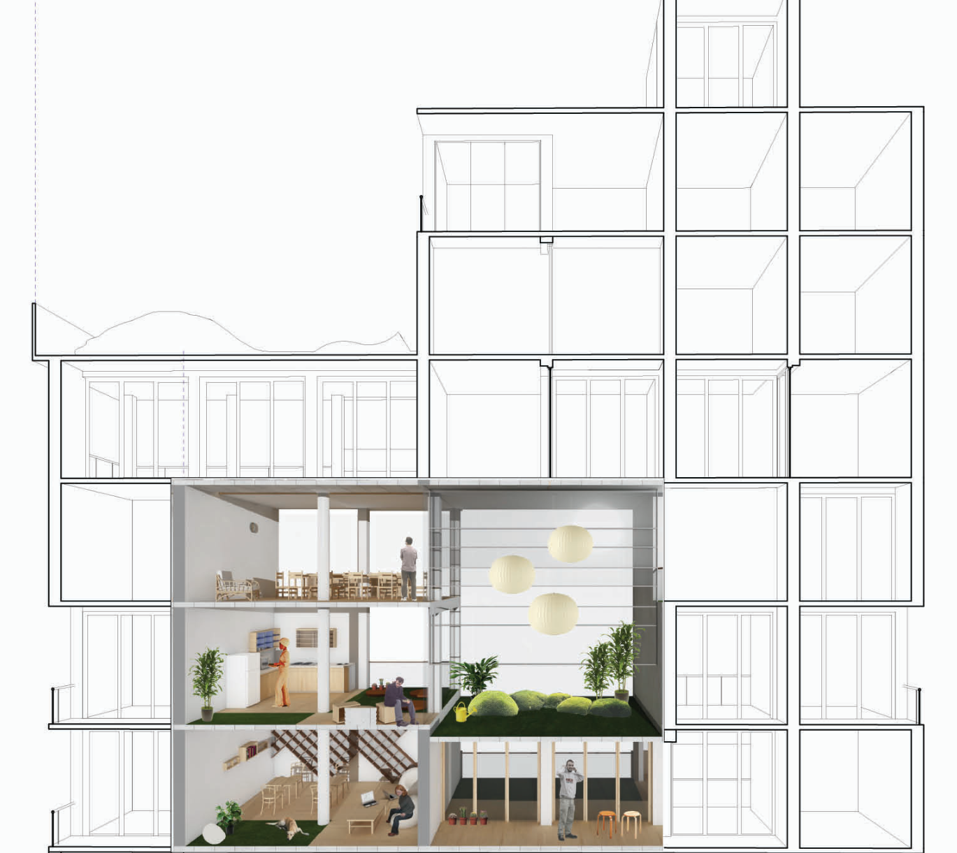 Section through a duplex unit showing living room, kitchen, bedroom above, and a private garden terrace at the back, rendered in warm interior tones