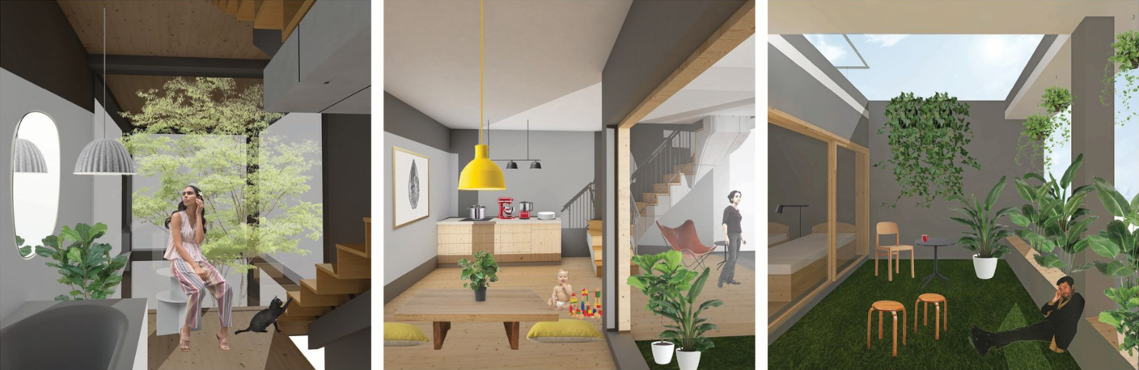 Three interior vignettes: a planted balcony with a resident reading, a warm kitchen with a yellow pendant light, and a private courtyard garden with stools and climbing plants