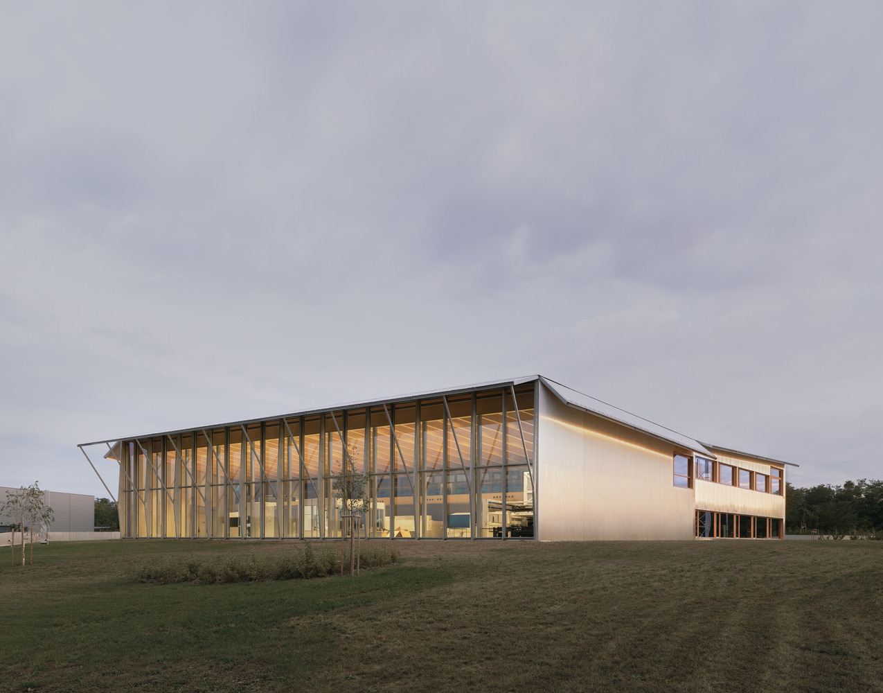 Illuminated glazed facade with vertical timber fins beside a solid white volume at dusk