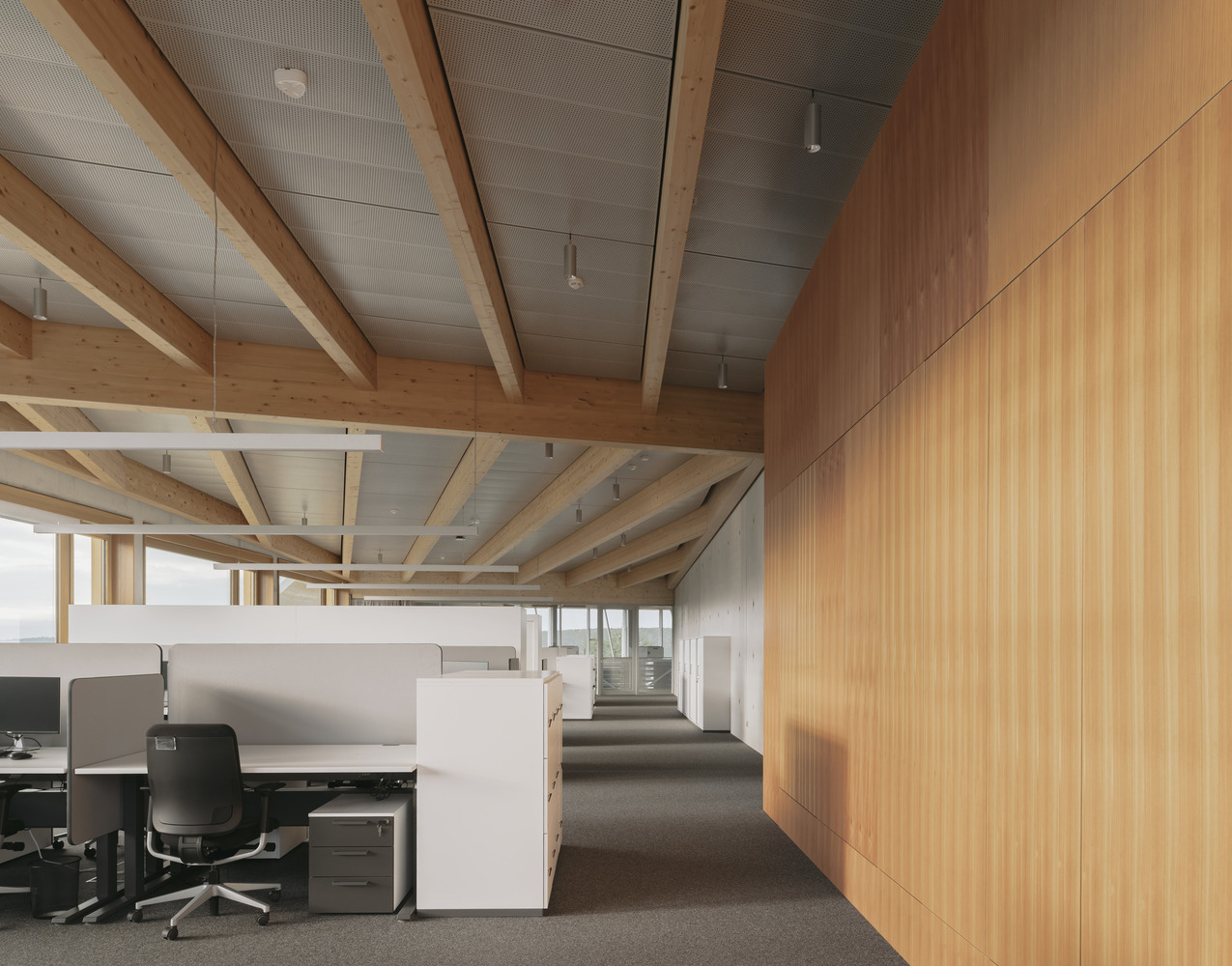 Office corridor with exposed timber beams and perforated metal ceiling panels alongside ribbed wood wall cladding