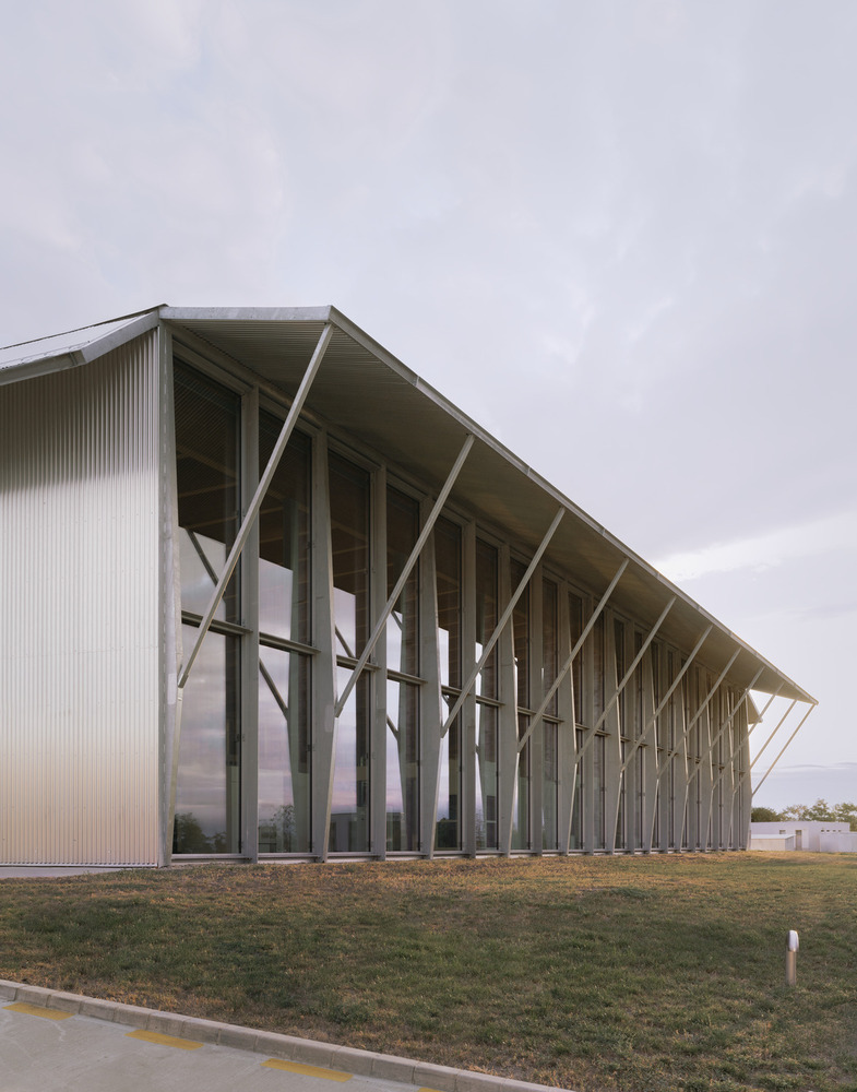 Long facade with repeating diagonal steel columns supporting the cantilevered roof under overcast sky
