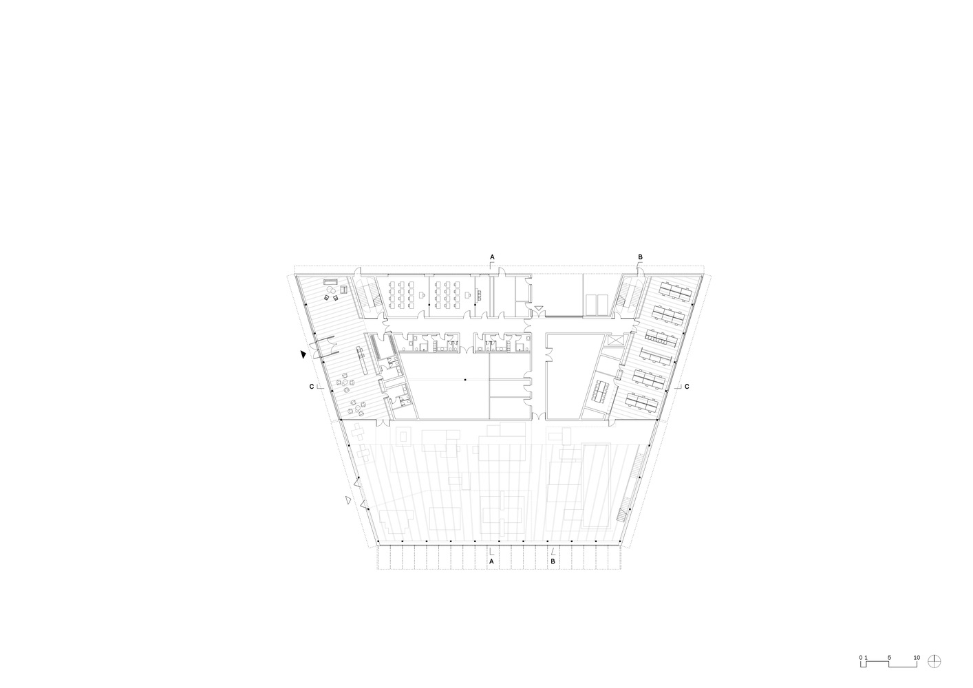 Ground floor plan drawing showing the splayed wings with interior room divisions and central circulation