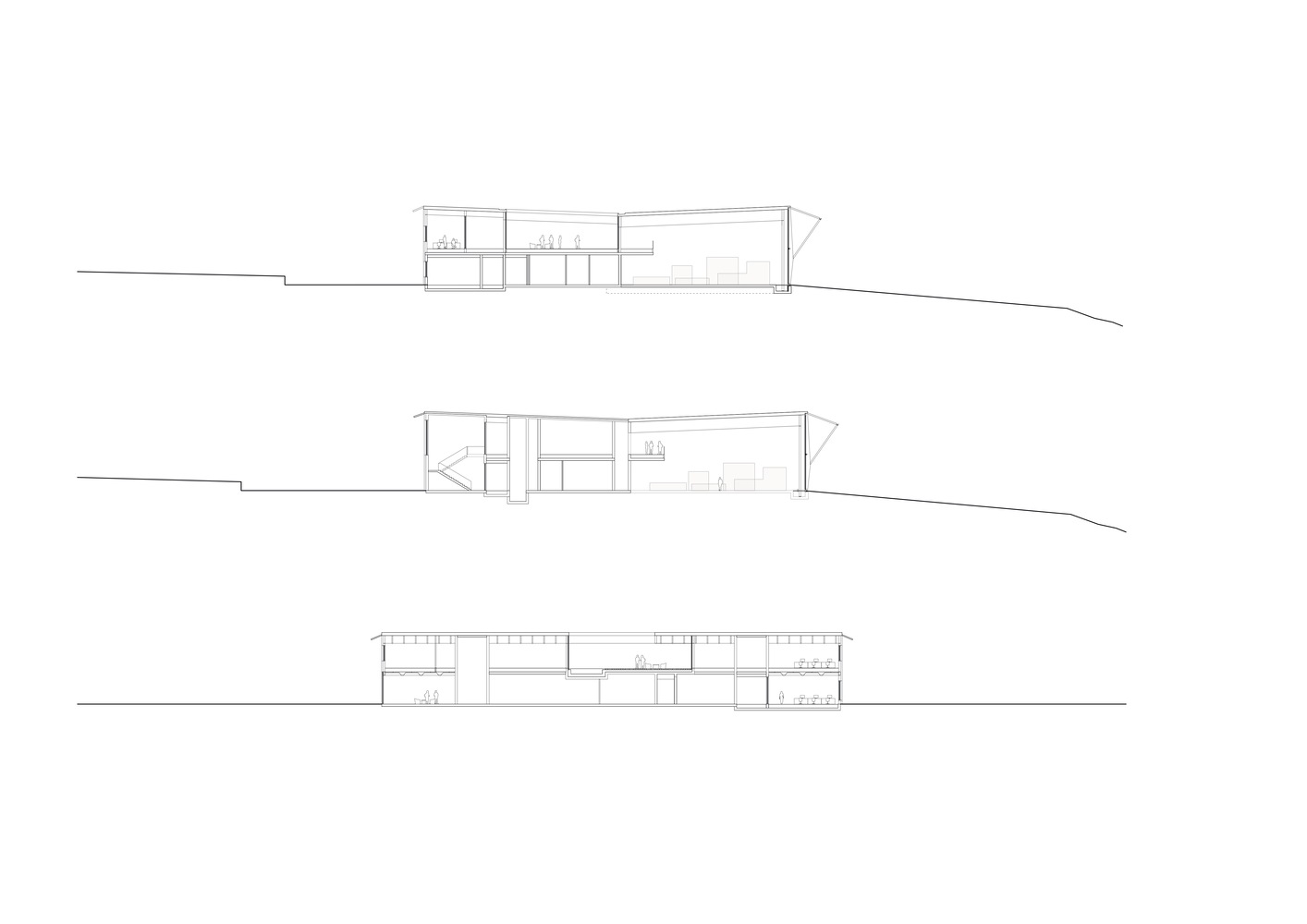 Section drawings showing three cuts through the building revealing interior spatial volumes and sloping terrain