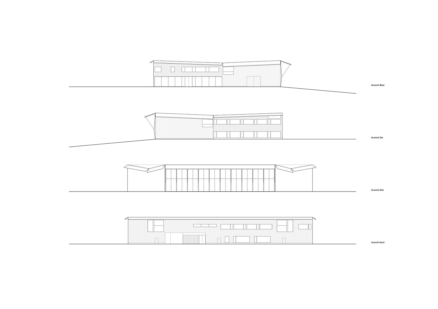 Elevation drawings depicting four exterior faces of the structure with angled rooflines