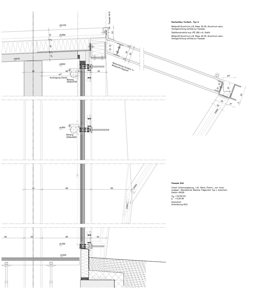 Detail drawings showing roof assembly, facade connection, and window mullion connections with dimensions