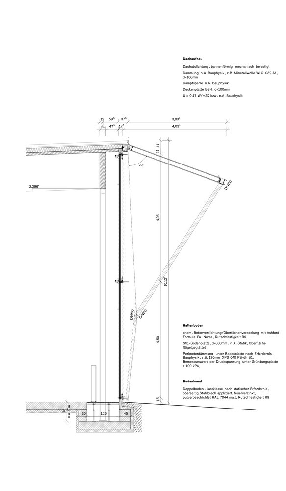 Construction detail drawing of a glazed curtain wall system with structural bracing and foundation connection