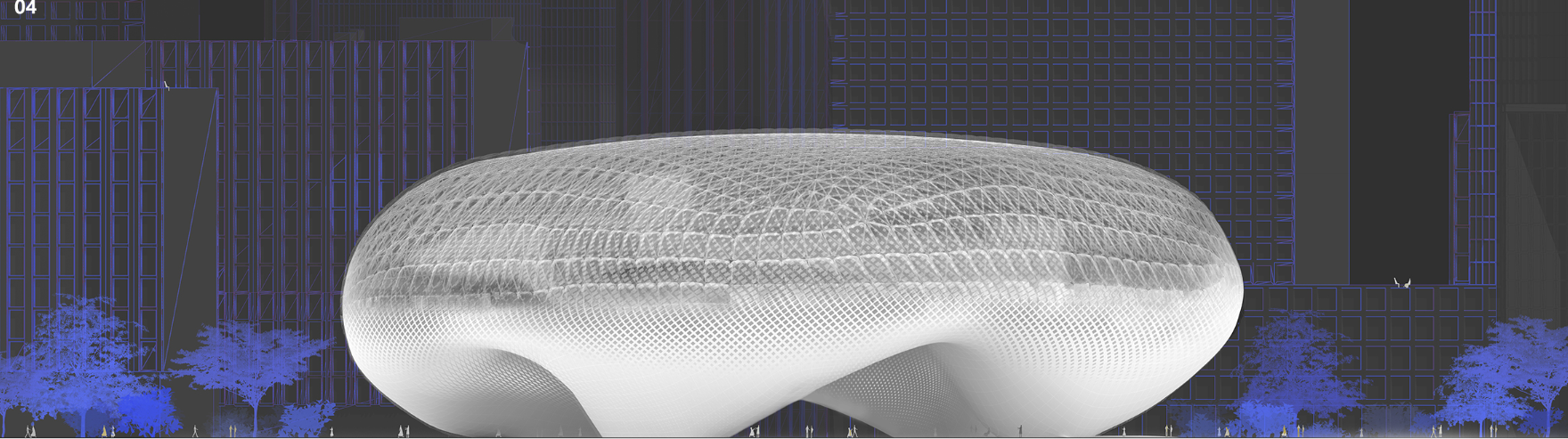 Exterior view of the Bubble Hub: a translucent organic dome raised on legs above the urban ground plane, with the city skyline behind