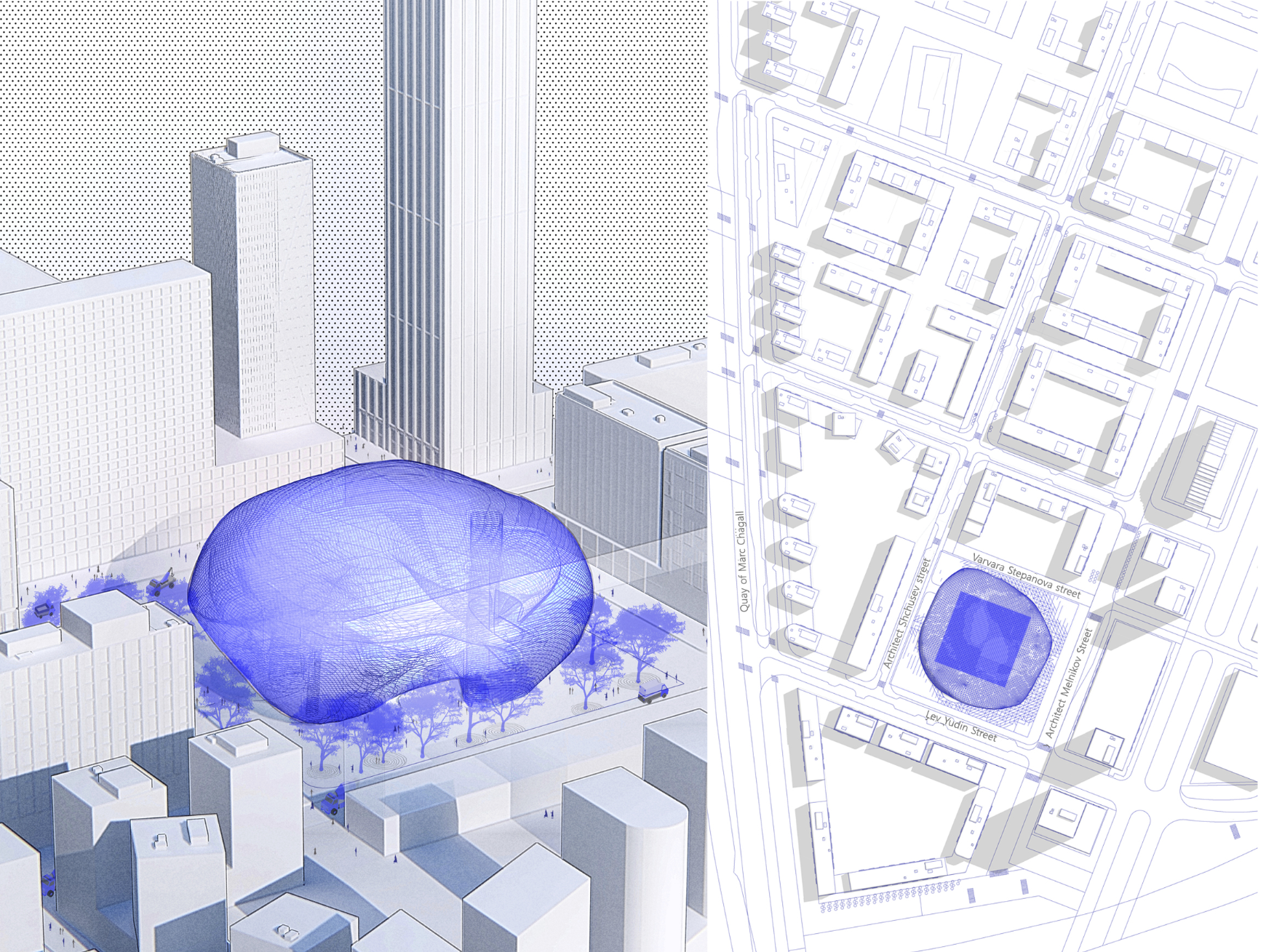 Aerial view of the translucent blue dome sitting within an urban block (left) and the corresponding site plan showing its footprint in context (right)