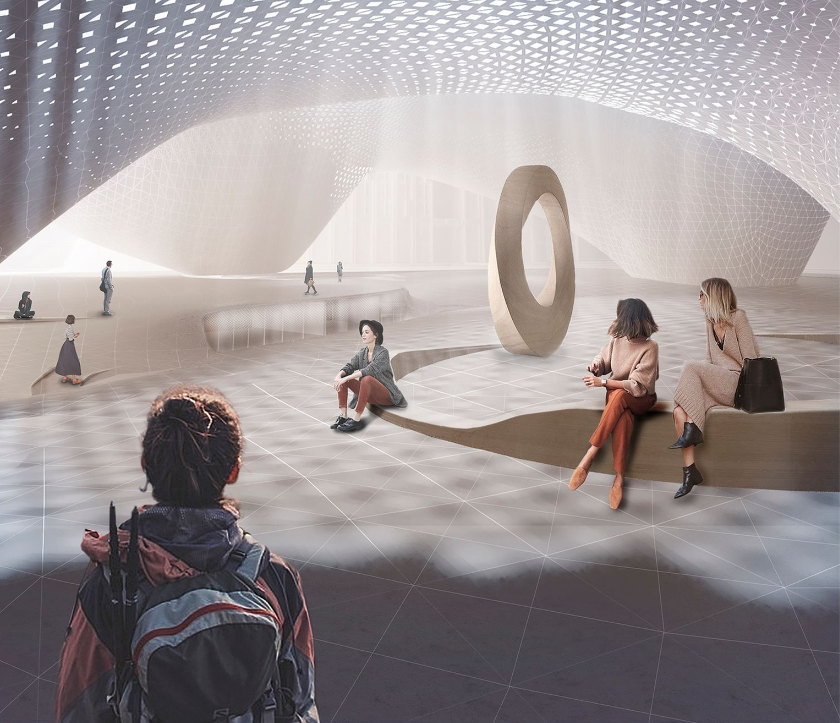 Interior of the communal hub beneath a perforated dome shell, with curved organic seating, a ring sculpture, and residents gathering informally