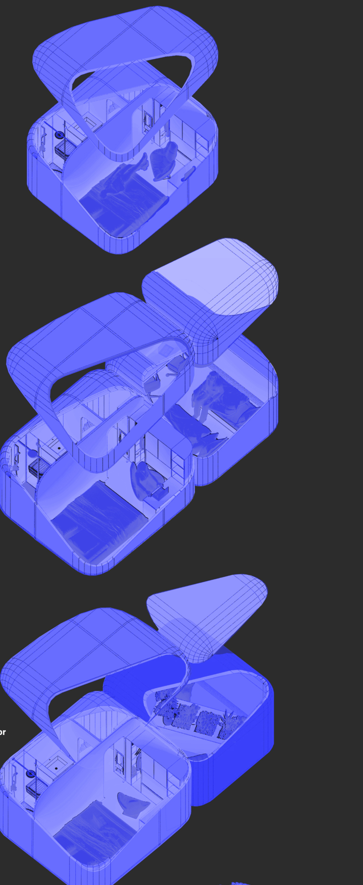 Blue wireframe axonometric showing three private unit types stacked vertically, each with bed, kitchen, bathroom, and a curved rooftop terrace