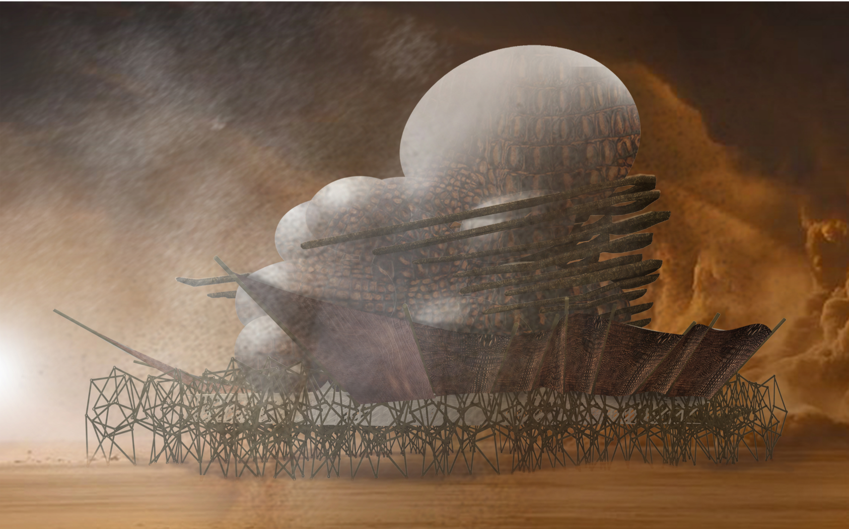 The migrating behemoth moving through a sandstorm, showing its skeletal legs, shell body, and spherical storage pods