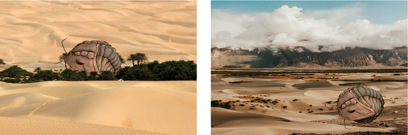 Two behemoths resting in the desert landscape among oasis vegetation and arid plains