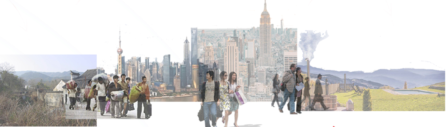 Collage showing urban migration patterns and the contrast between dense cities and open desert