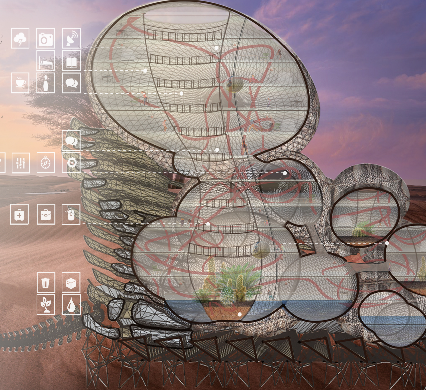 Sectional diagram of the behemoth interior showing observation dome, living pods, water storage, vegetation zones, and articulated legs