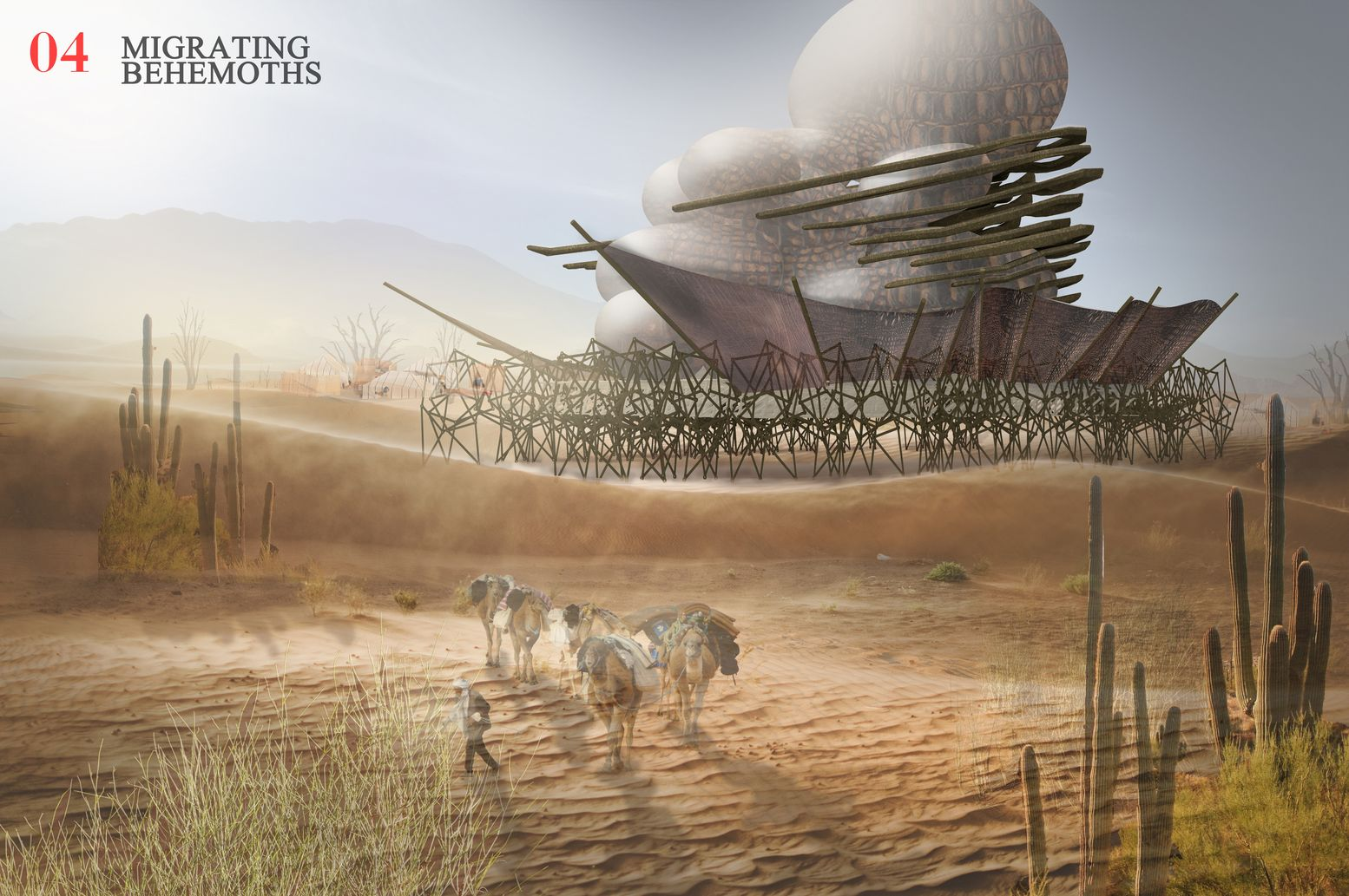 The behemoth at rest in a desert landscape with zebras grazing nearby, showing the full scale of the mobile structure
