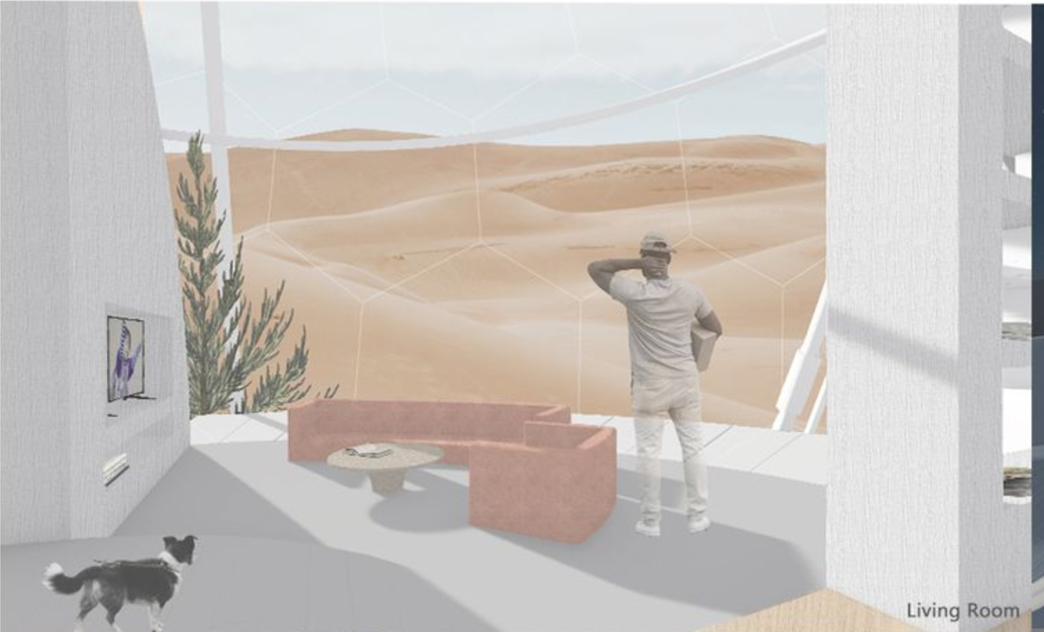 Living room interior with panoramic curved window overlooking desert dunes