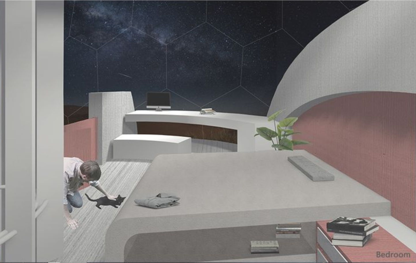 Bedroom with curved ceiling opening to the night sky, showing hexagonal structural panels