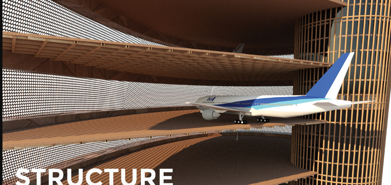 A unique fusion of air travel and architecture, redefining vertical transport hubs.