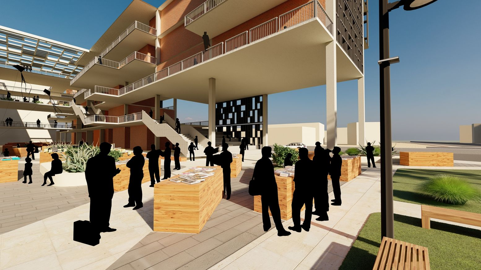 Vibrant outdoor plaza with open vendor spaces, fostering community engagement and trade.