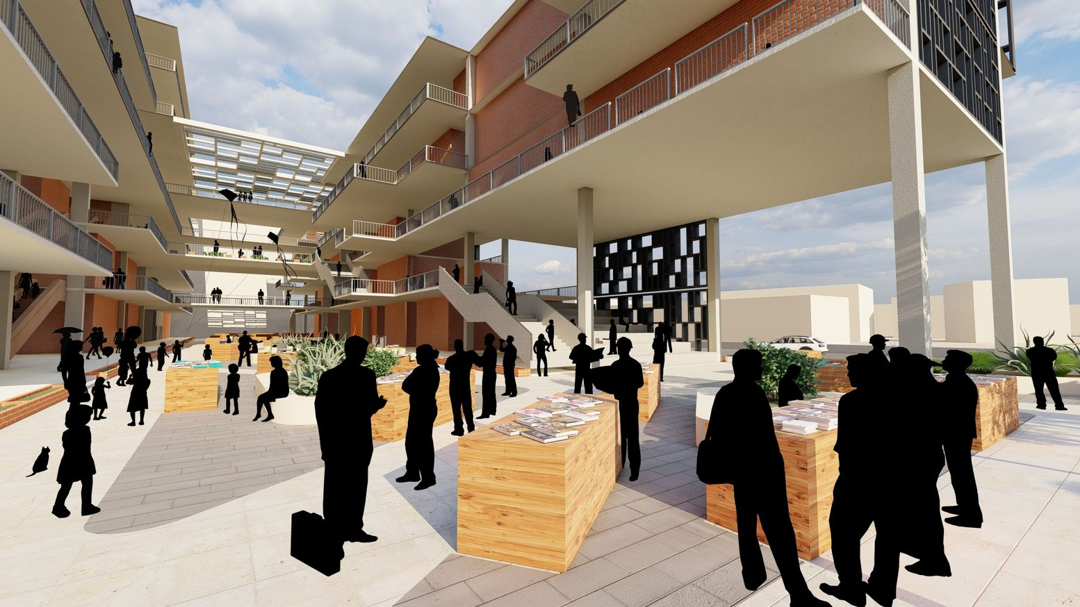 Dynamic interplay of light and shadow in the mall's interconnected terraces.