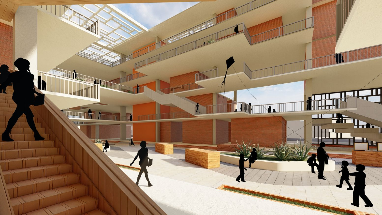 Intermediate terraces offering a mix of retail and gathering spaces.