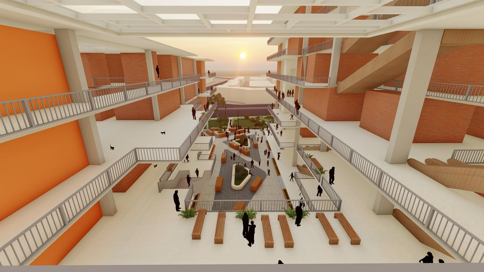 Sunset view from the elevated plaza space, highlighting sustainable design.